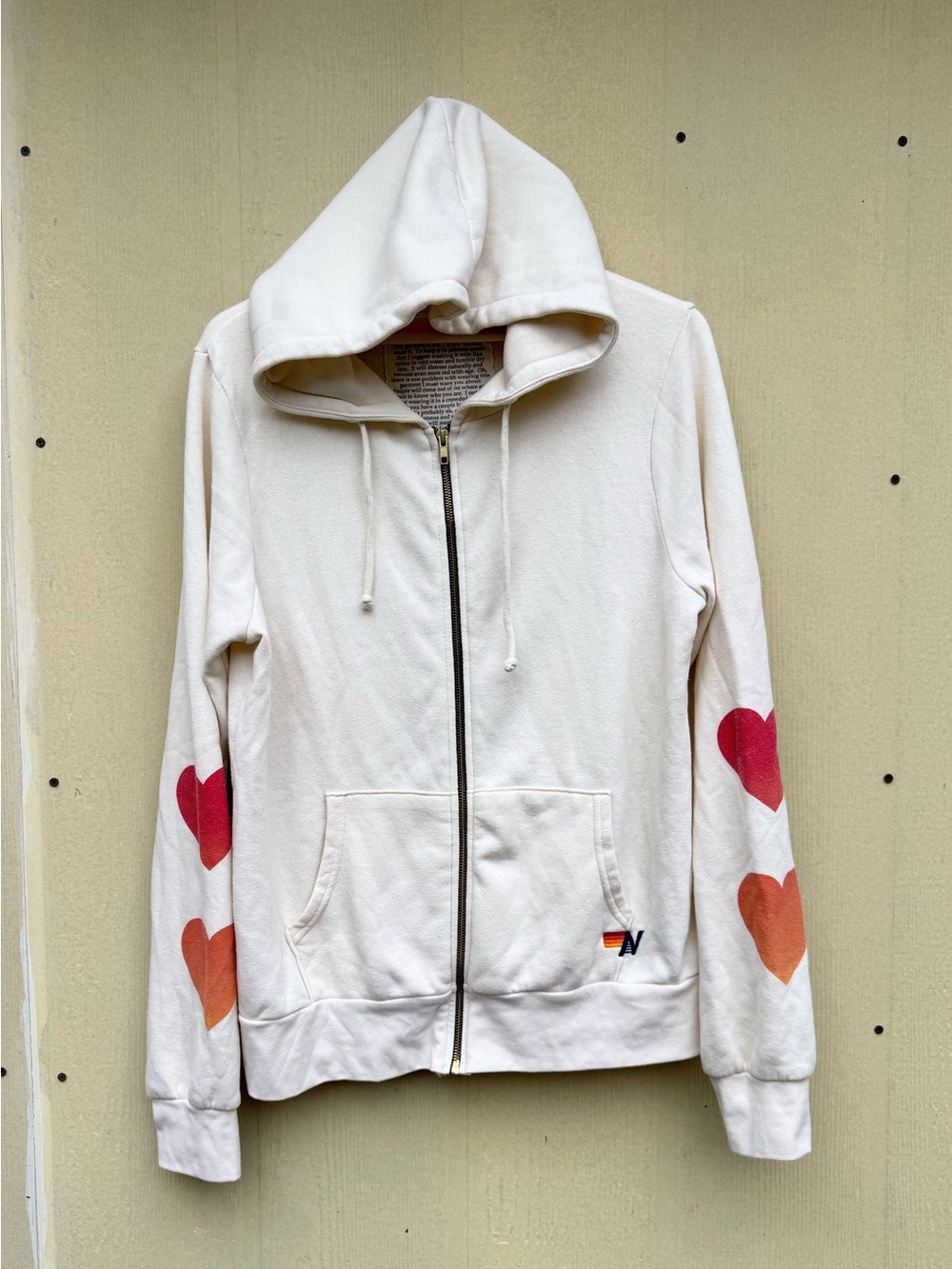 Aviator Nation Heart Fade Zip Hoodie Vintage Cream Size L Adult Unisex 26X22 EUC